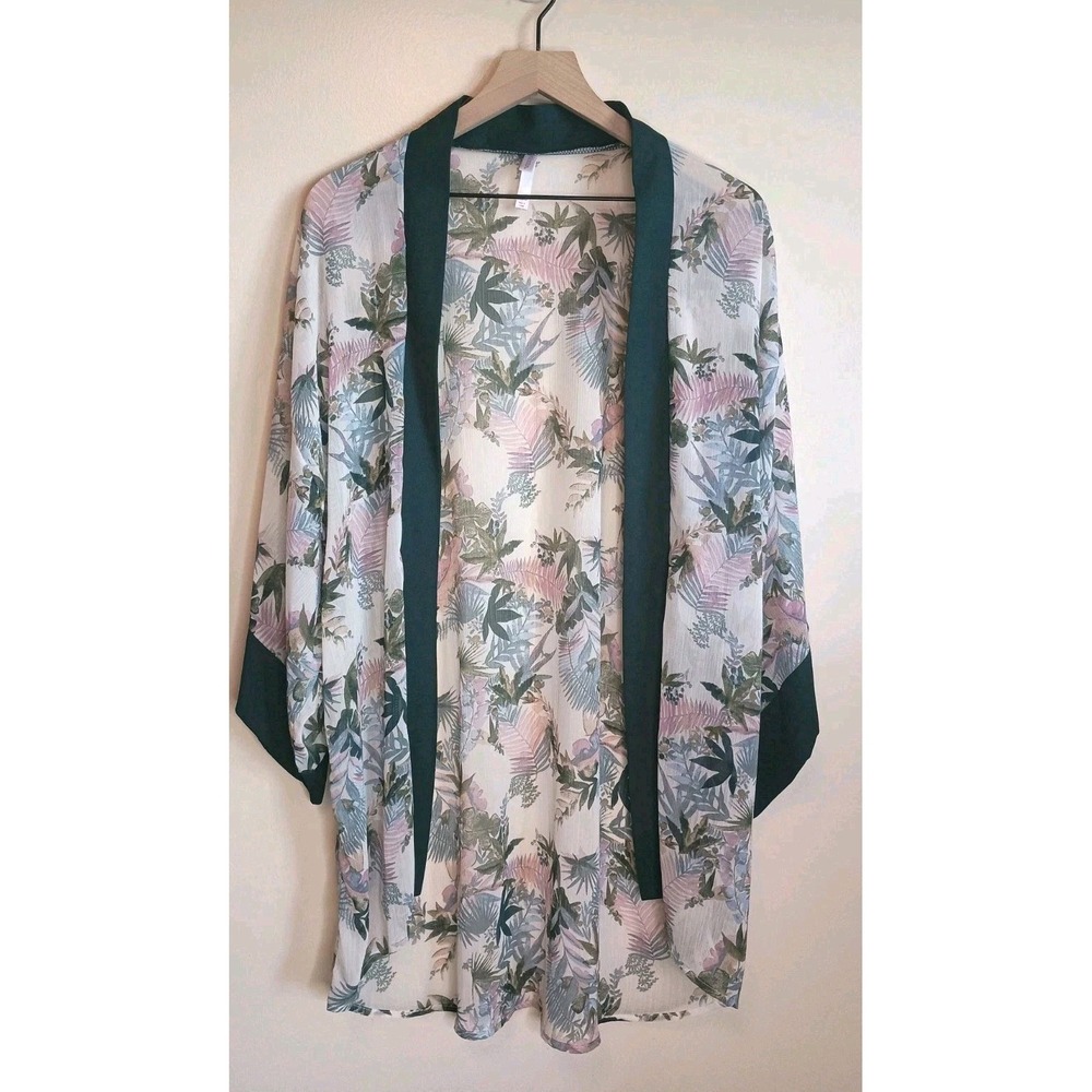Xhilaration Tropical Floral Open Front‎ Kimono Emerald Green Trim XS S Boho